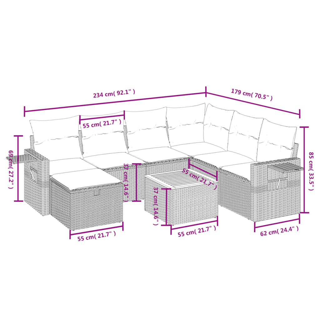 vidaXL Set de sofás de jardín 8 pzas y cojines ratán sintético gris