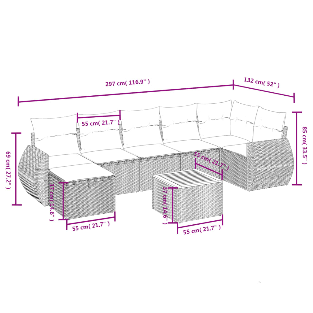 vidaXL Set de sofás de jardín 8 pzas y cojines ratán sintético gris