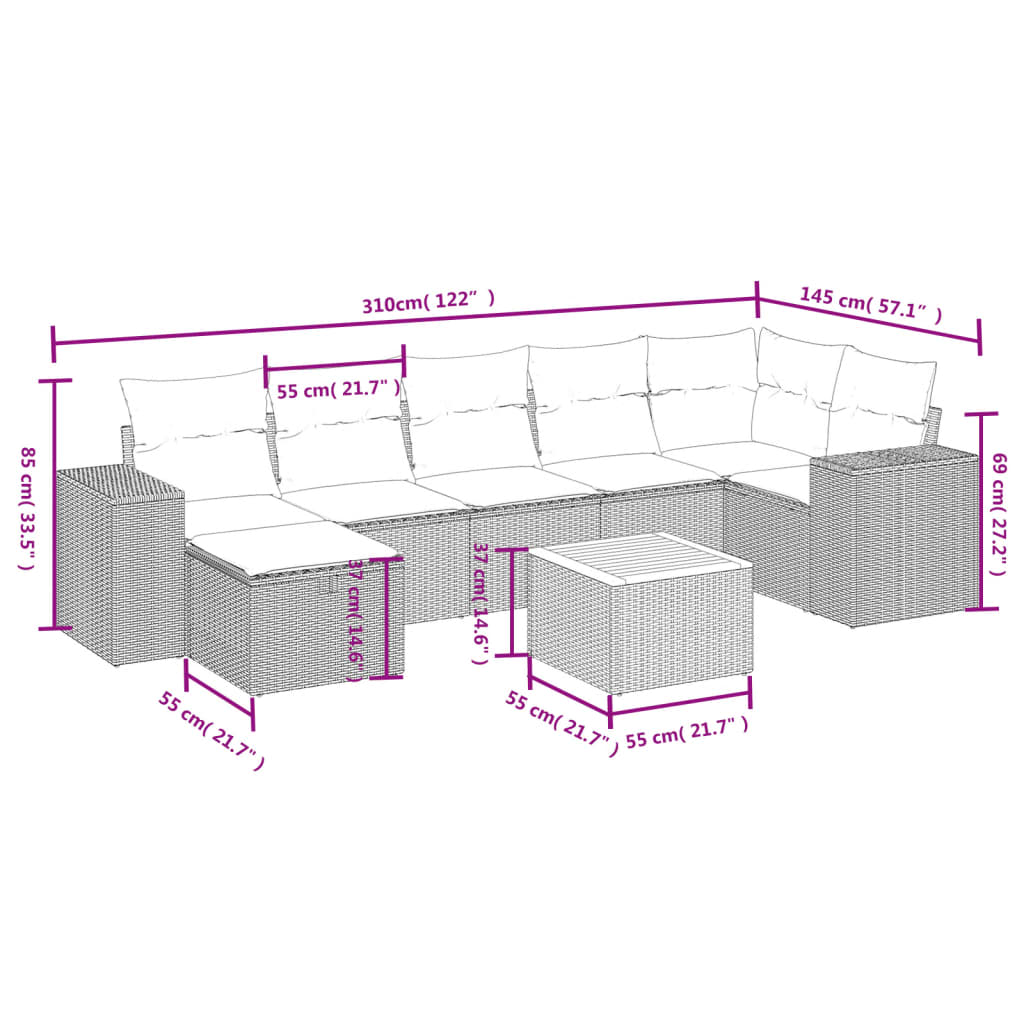 vidaXL Set de sofás de jardín 8 pzas y cojines ratán sintético gris