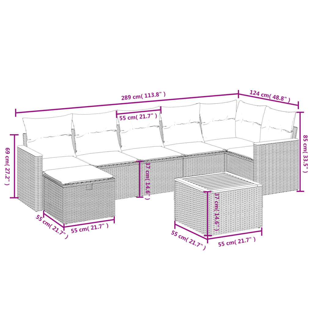 vidaXL Set de sofás de jardín 8 pzas y cojines ratán sintético gris