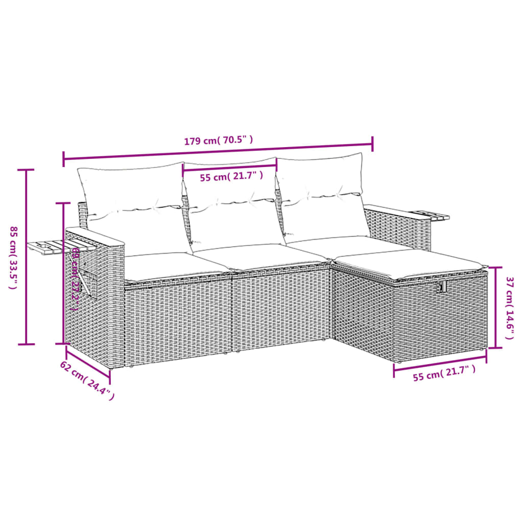 vidaXL Set de sofás de jardín 4 pzas y cojines ratán sintético gris