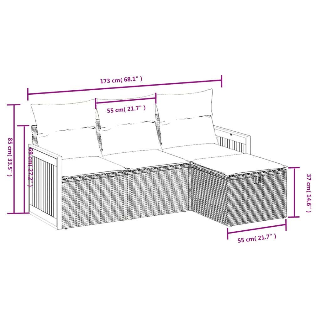 vidaXL Set de sofás de jardín 4 pzas y cojines ratán sintético gris