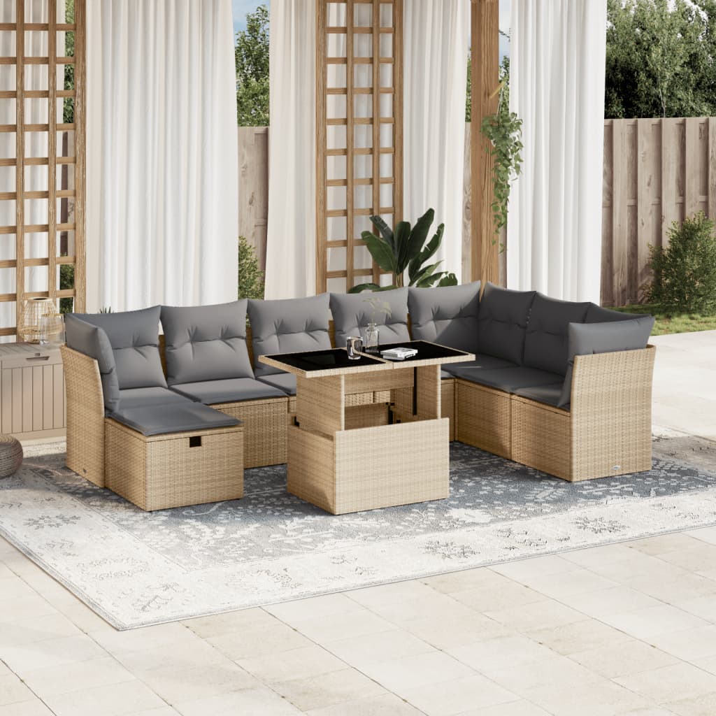 vidaXL Set de sofás de jardín 9 pzas con cojines ratán sintético beige