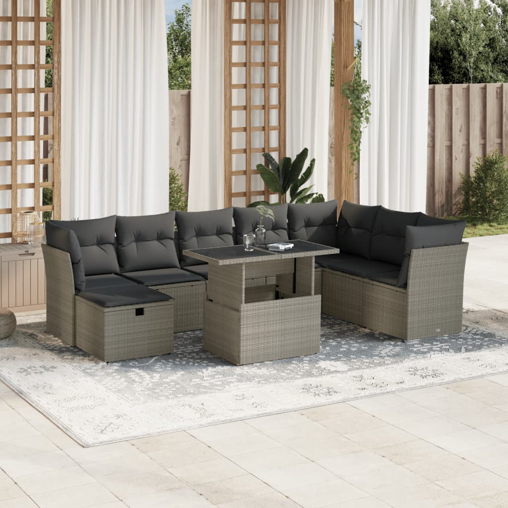 vidaXL Set muebles jardín 9 pzas y cojines ratán sintético gris claro