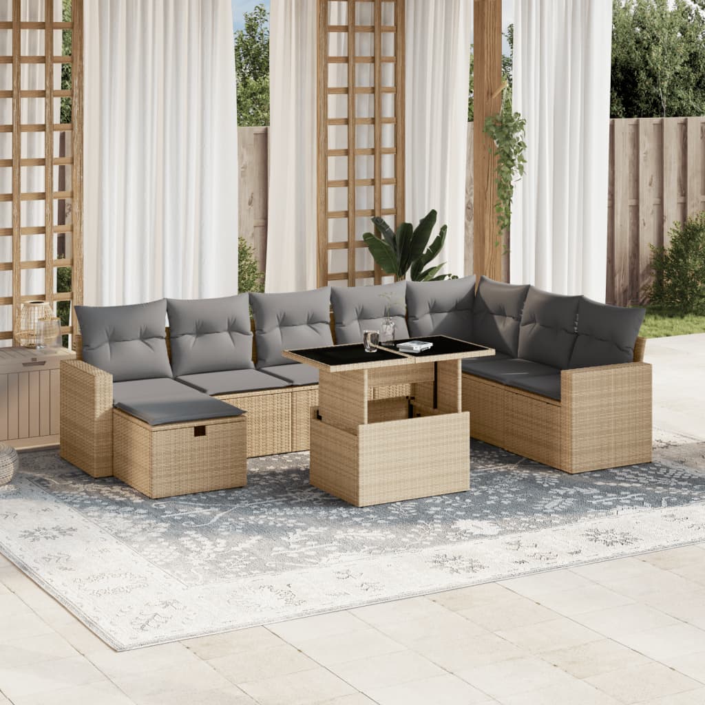 vidaXL Set de sofás de jardín 9 pzas con cojines ratán sintético beige