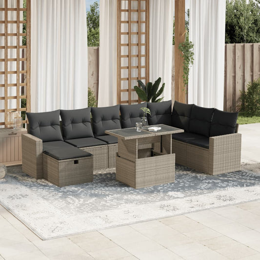 vidaXL Set muebles jardín 9 pzas y cojines ratán sintético gris claro