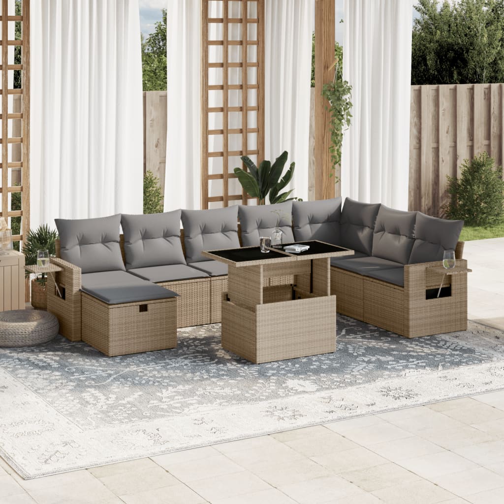 vidaXL Set de sofás de jardín 9 pzas con cojines ratán sintético beige