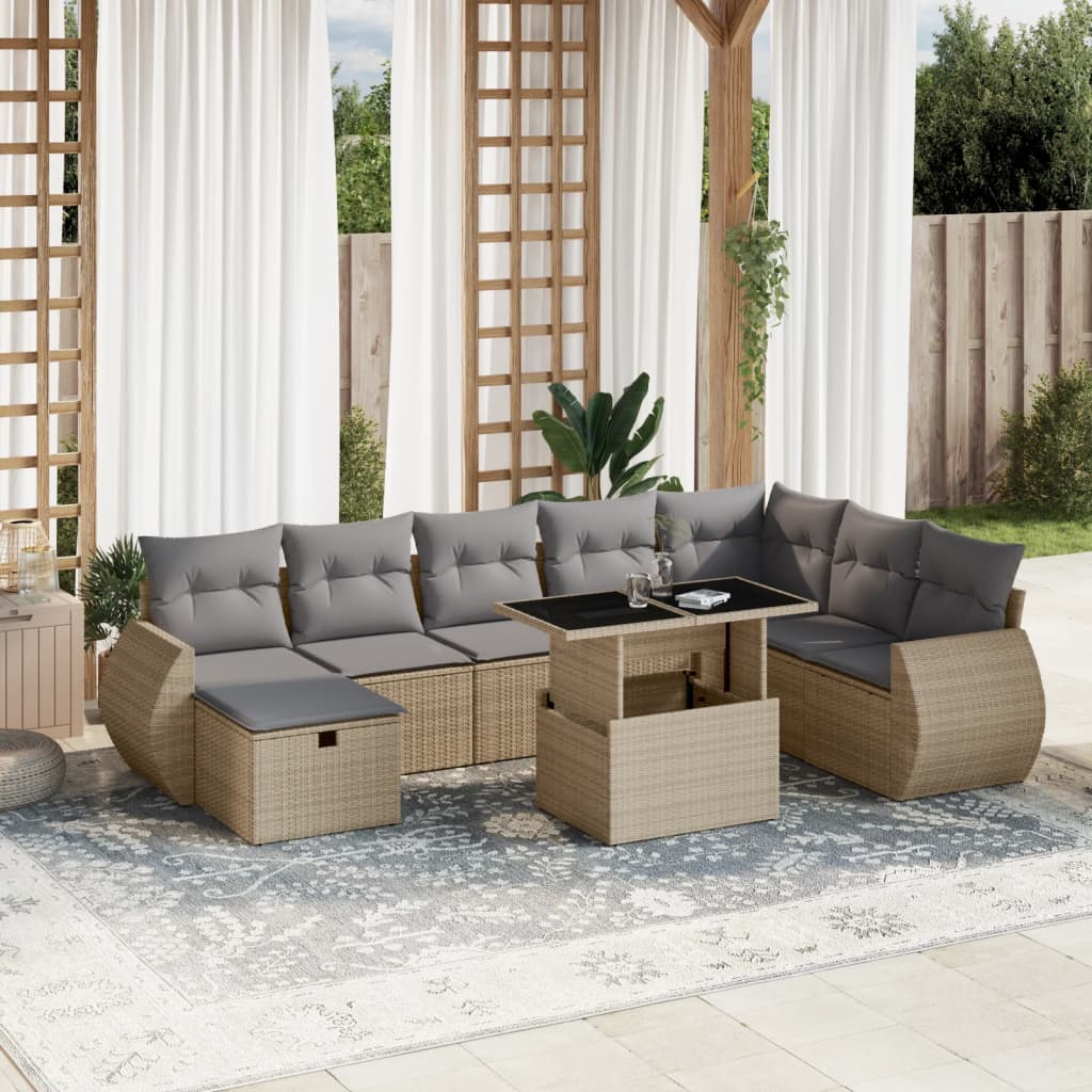 vidaXL Set de sofás de jardín 9 pzas con cojines ratán sintético beige