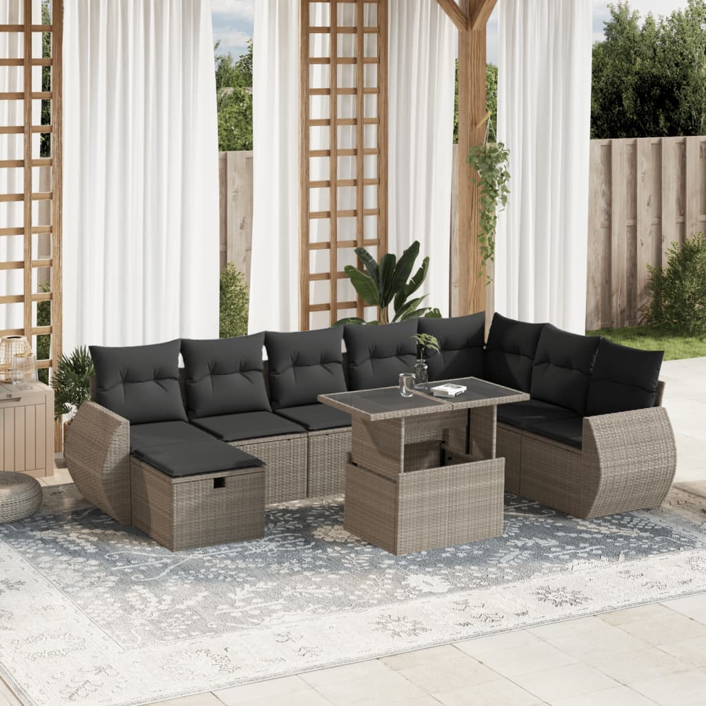 vidaXL Set muebles jardín 9 pzas y cojines ratán sintético gris claro