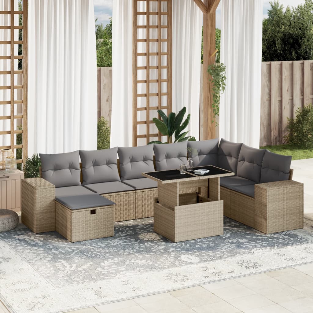 vidaXL Set de sofás de jardín 9 pzas con cojines ratán sintético beige