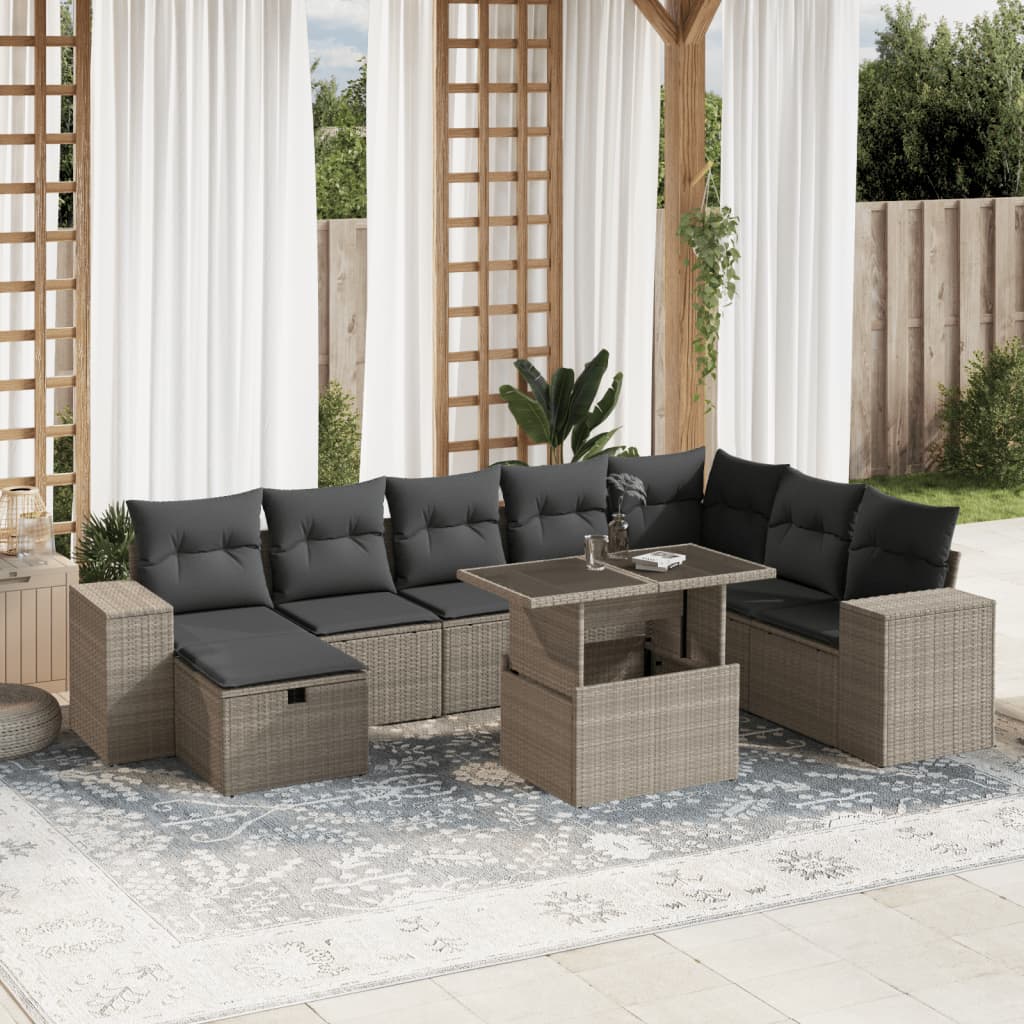 vidaXL Set muebles jardín 9 pzas y cojines ratán sintético gris claro