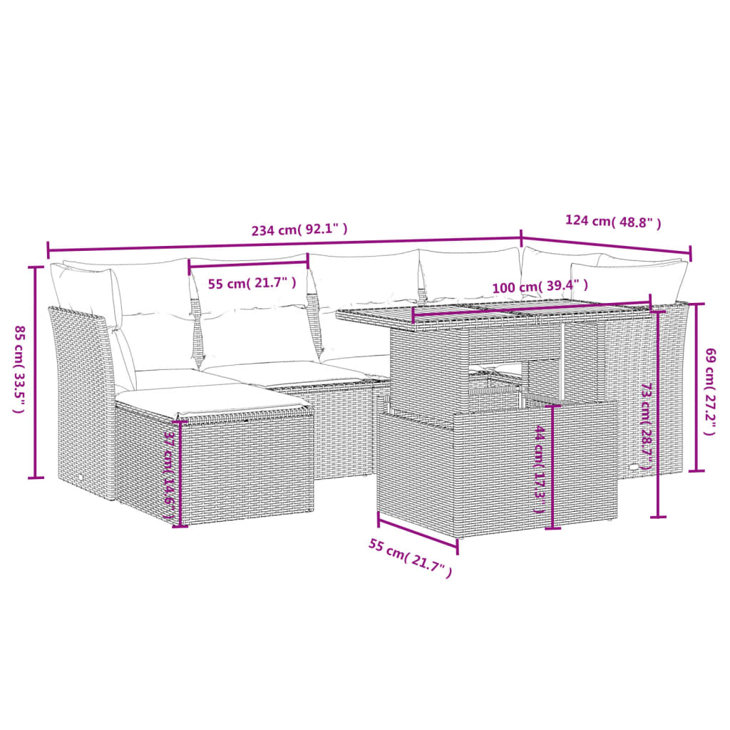 vidaXL Set de comedor de jardín 7 pzas y cojines ratán sintético negro