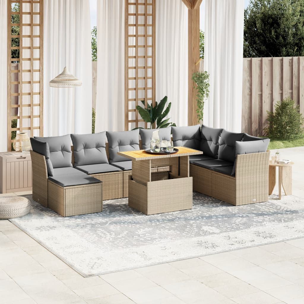 vidaXL Set de sofás de jardín 9 pzas con cojines ratán sintético beige