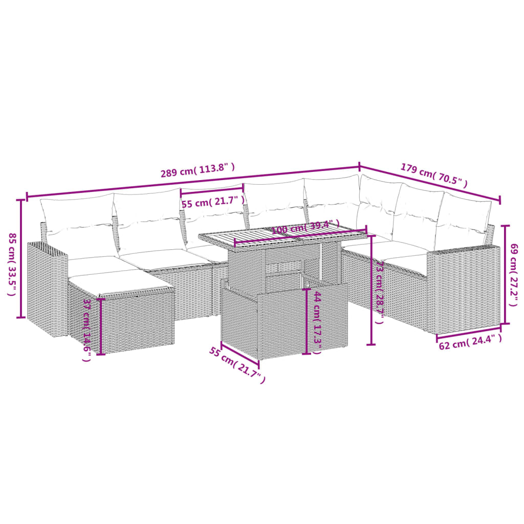 vidaXL Set de sofás de jardín 9 pzas con cojines ratán sintético beige