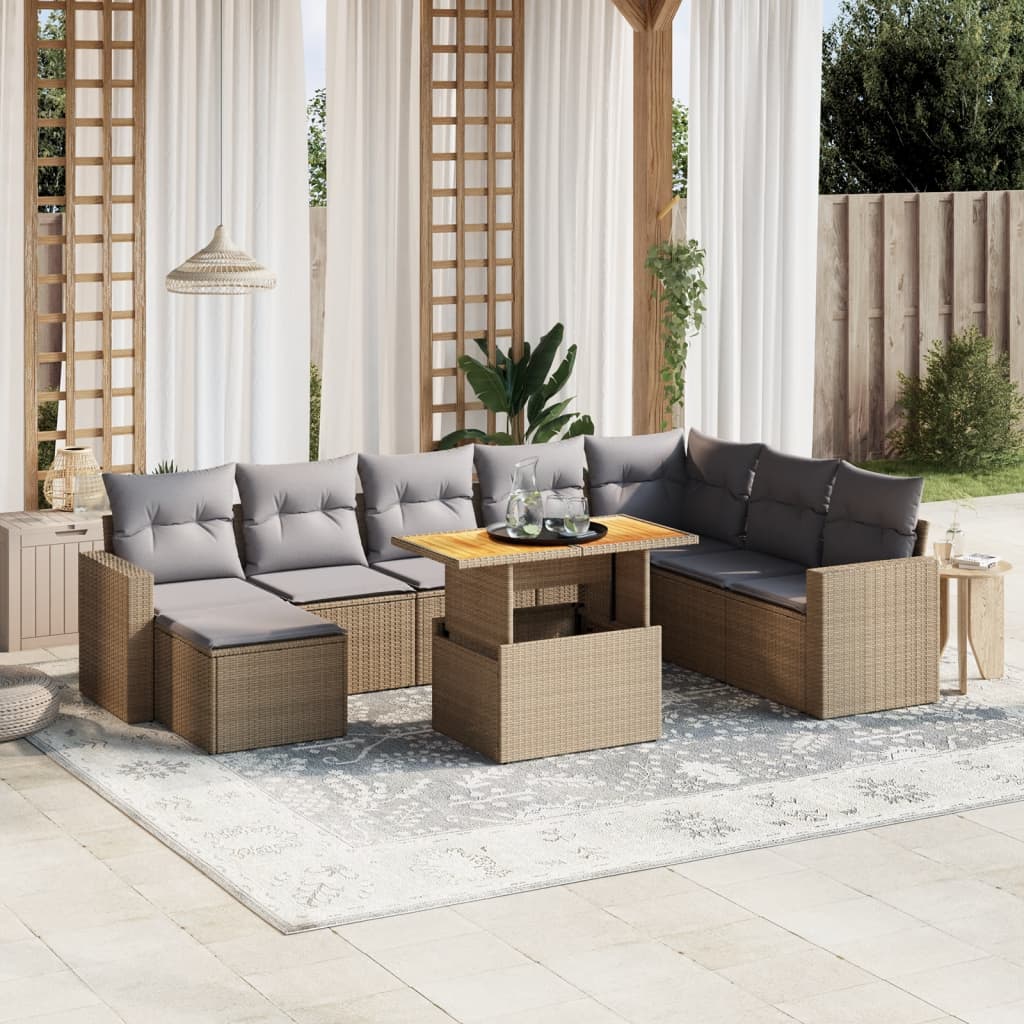 vidaXL Set de sofás de jardín 9 pzas con cojines ratán sintético beige