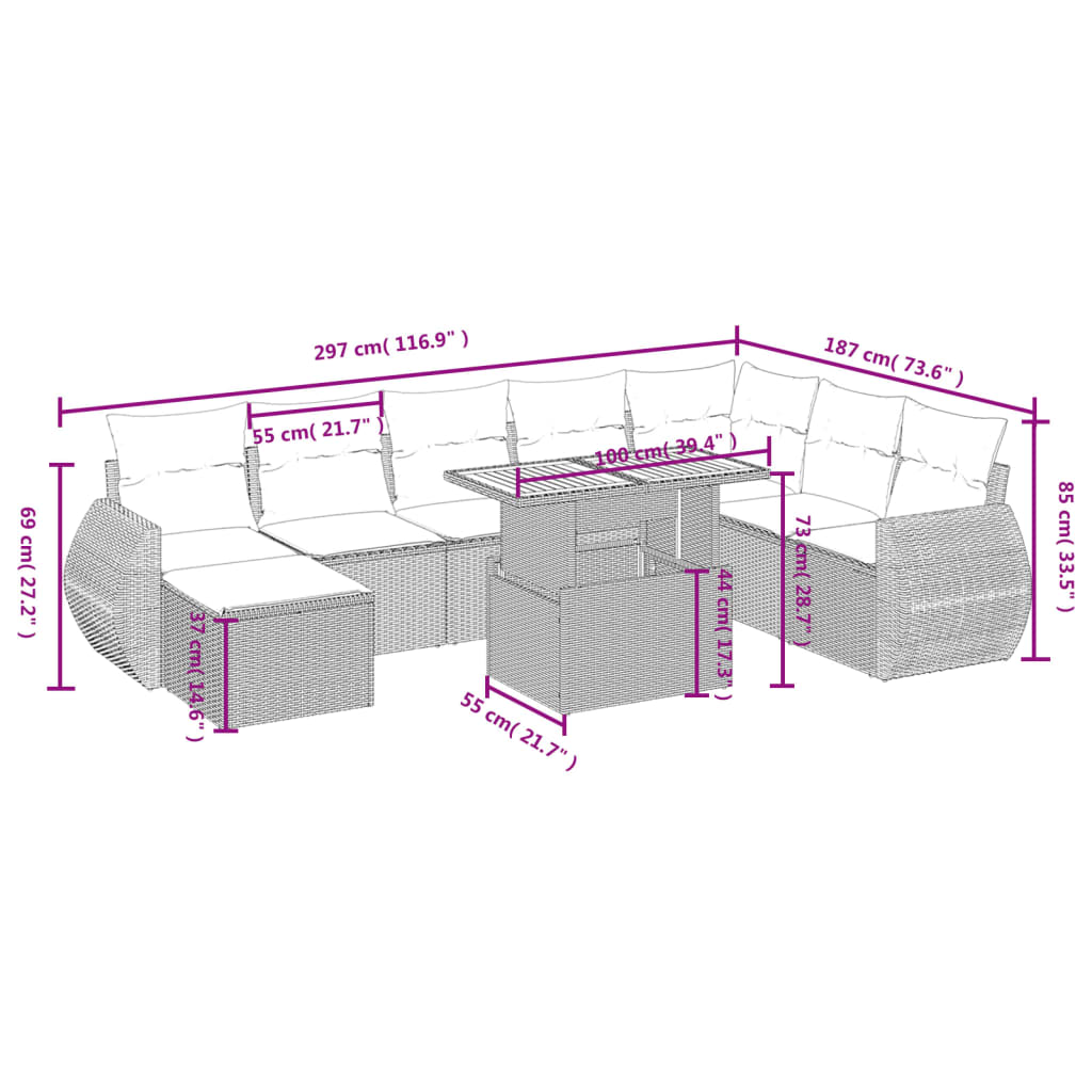 vidaXL Set de sofás de jardín 9 pzas con cojines ratán sintético beige