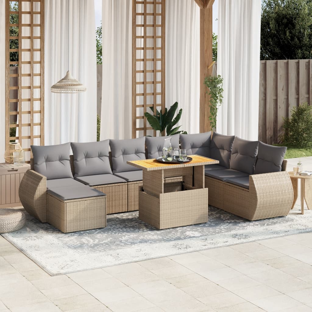 vidaXL Set de sofás de jardín 9 pzas con cojines ratán sintético beige