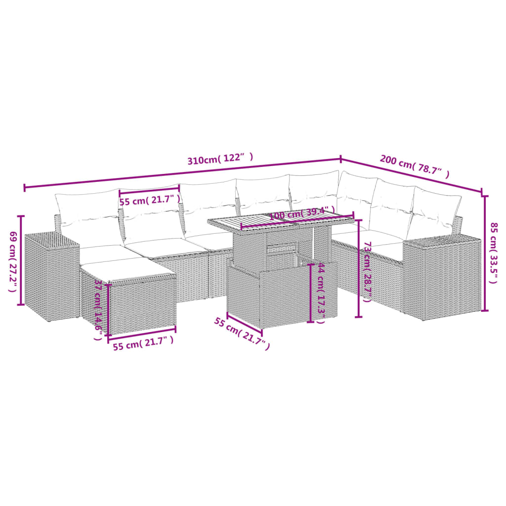 vidaXL Set de sofás de jardín 9 pzas con cojines ratán sintético beige