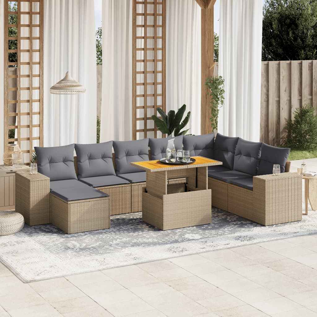 vidaXL Set de sofás de jardín 9 pzas con cojines ratán sintético beige