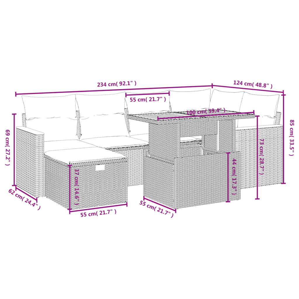 vidaXL Set de comedor de jardín 7 pzas y cojines ratán sintético negro