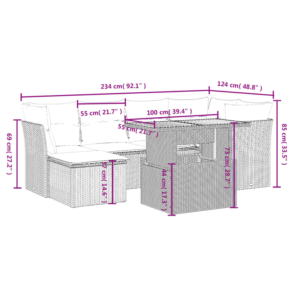 vidaXL Set sofás de jardín 7 piezas y cojines ratán sintético beige