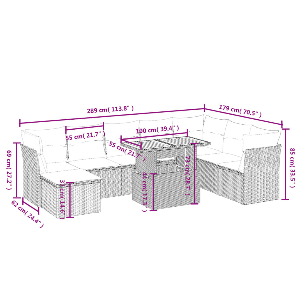 vidaXL Set de sofás de jardín 9 pzas con cojines ratán sintético beige