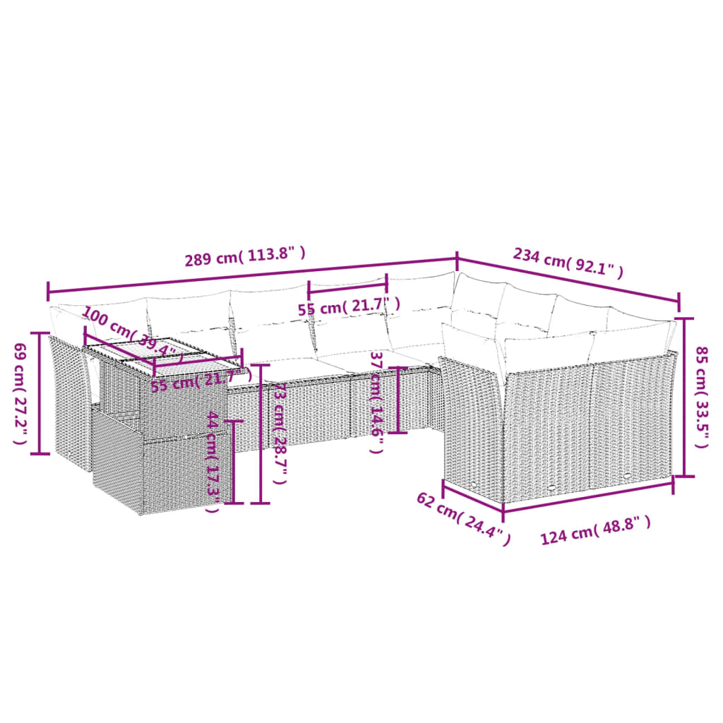 vidaXL Set de sofás de jardín 10 pzas con cojines ratán sintético gris