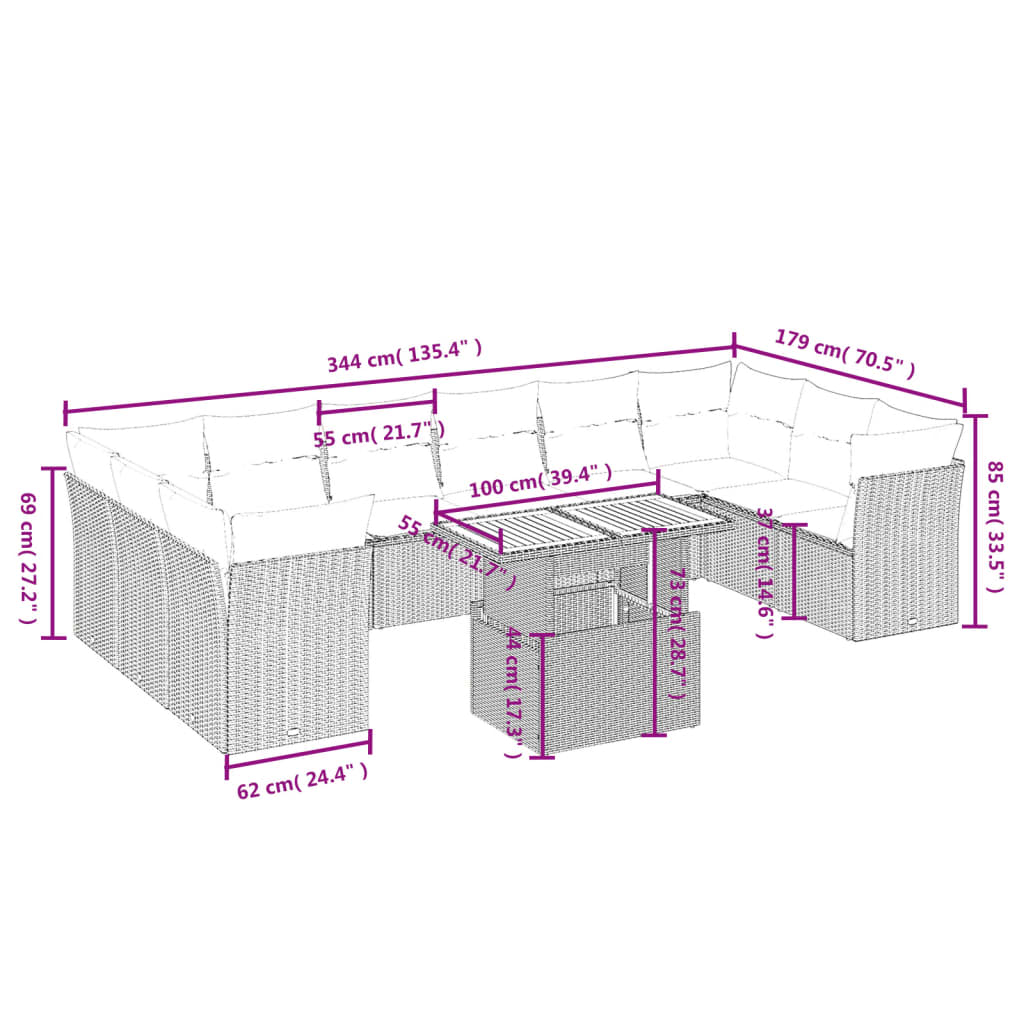 vidaXL Set de sofás de jardín 11pzas con cojines ratán sintético beige