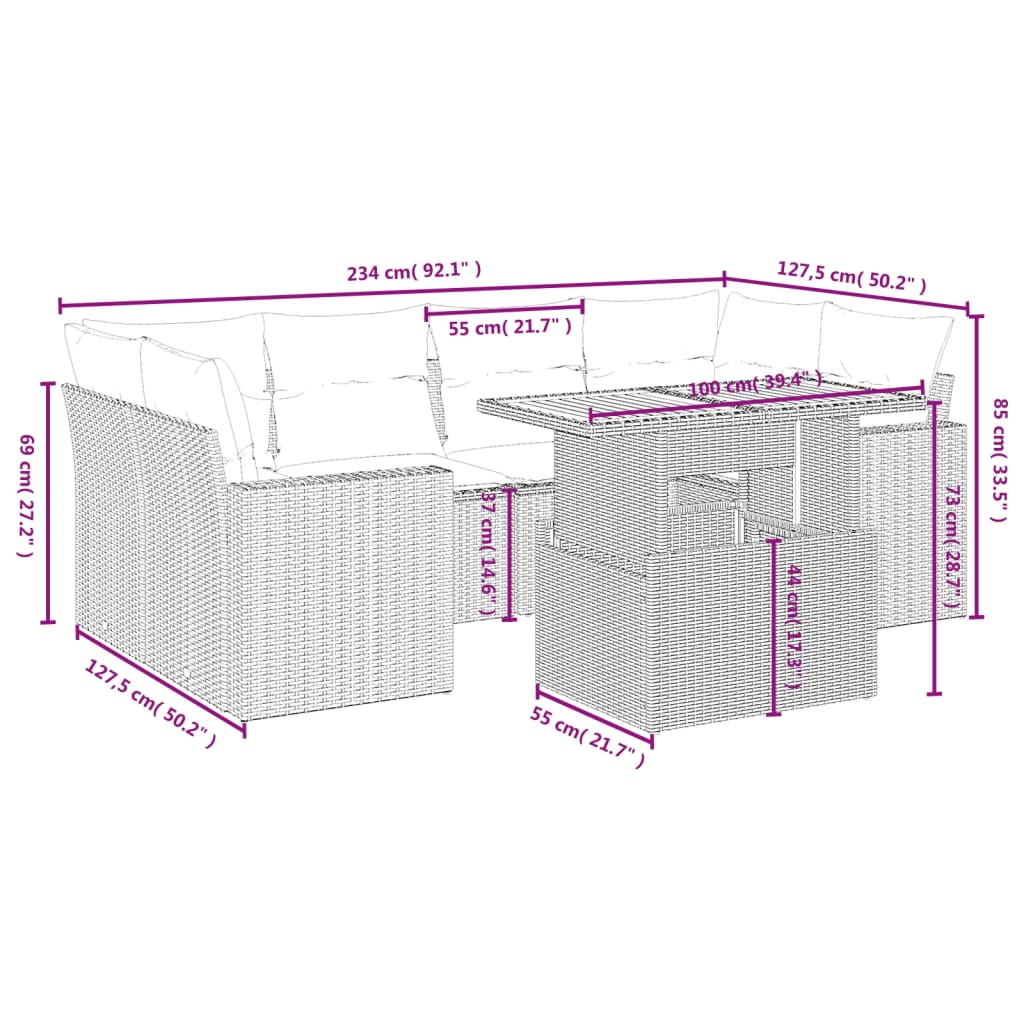 vidaXL Set sofás de jardín 7 piezas y cojines ratán sintético beige