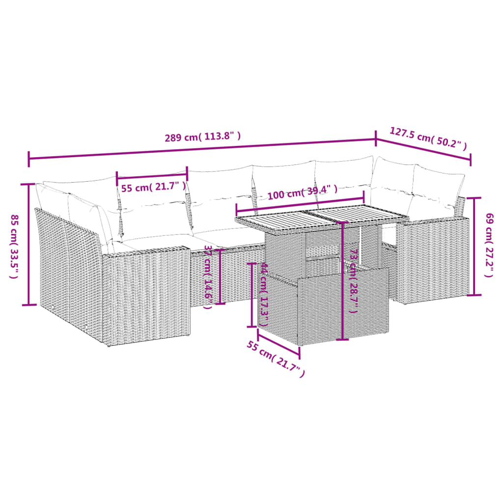 vidaXL Set de sofás de jardín 8 pzas y cojines ratán sintético gris