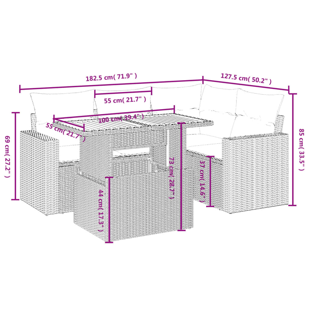 vidaXL Set de muebles de jardín 5 pzas y cojines ratán sintético negro