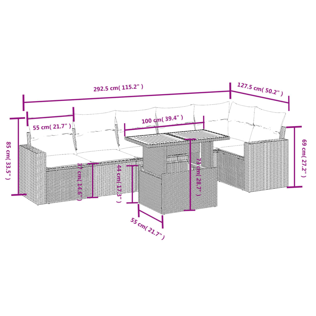 vidaXL Set sofás de jardín 7 piezas y cojines ratán sintético beige