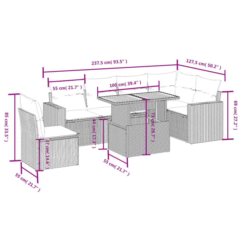 vidaXL Set sofás de jardín 7 piezas y cojines ratán sintético beige