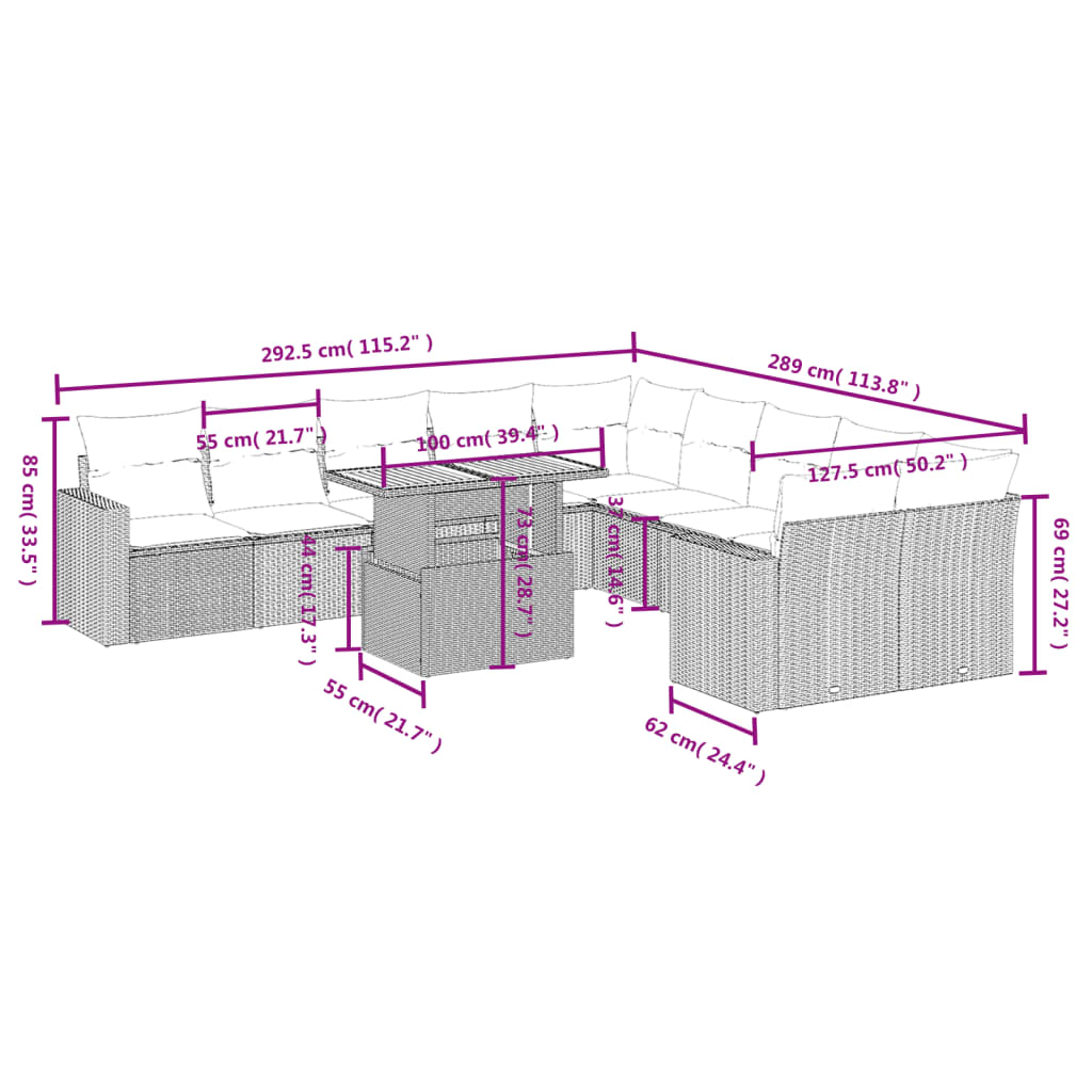 vidaXL Set de sofás de jardín 11pzas con cojines ratán sintético beige