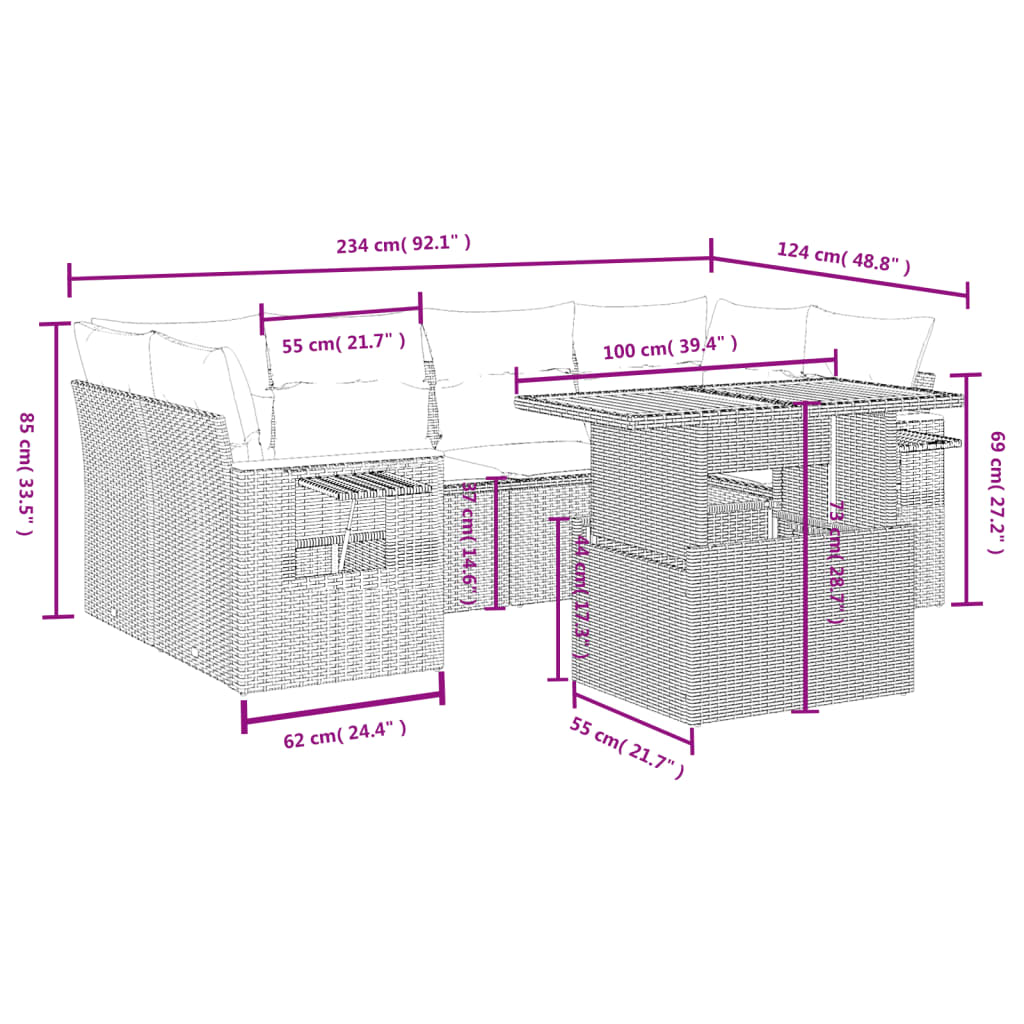 vidaXL Set sofás de jardín 7 piezas y cojines ratán sintético beige