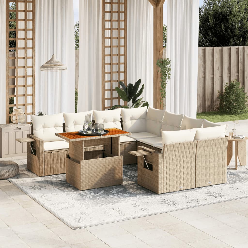 vidaXL Set de sofás de jardín con cojines 9 pzas ratán sintético beige