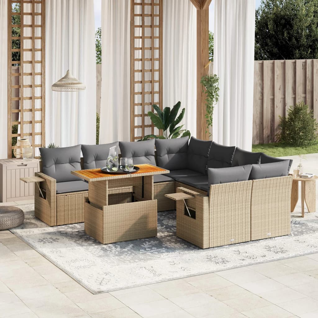 vidaXL Set de sofás de jardín con cojines 9 pzas ratán sintético beige