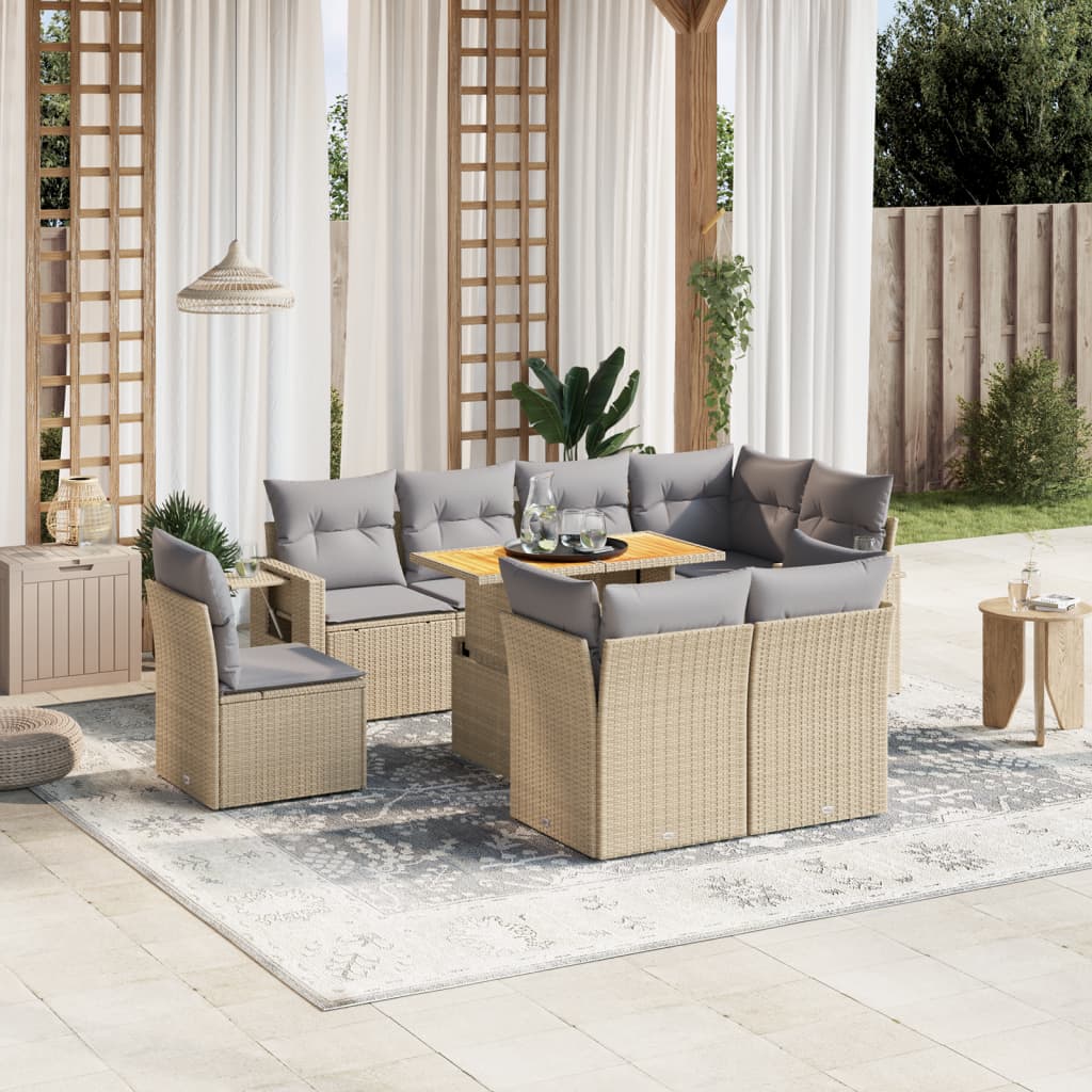 vidaXL Set de sofás de jardín 9 pzas con cojines ratán sintético beige