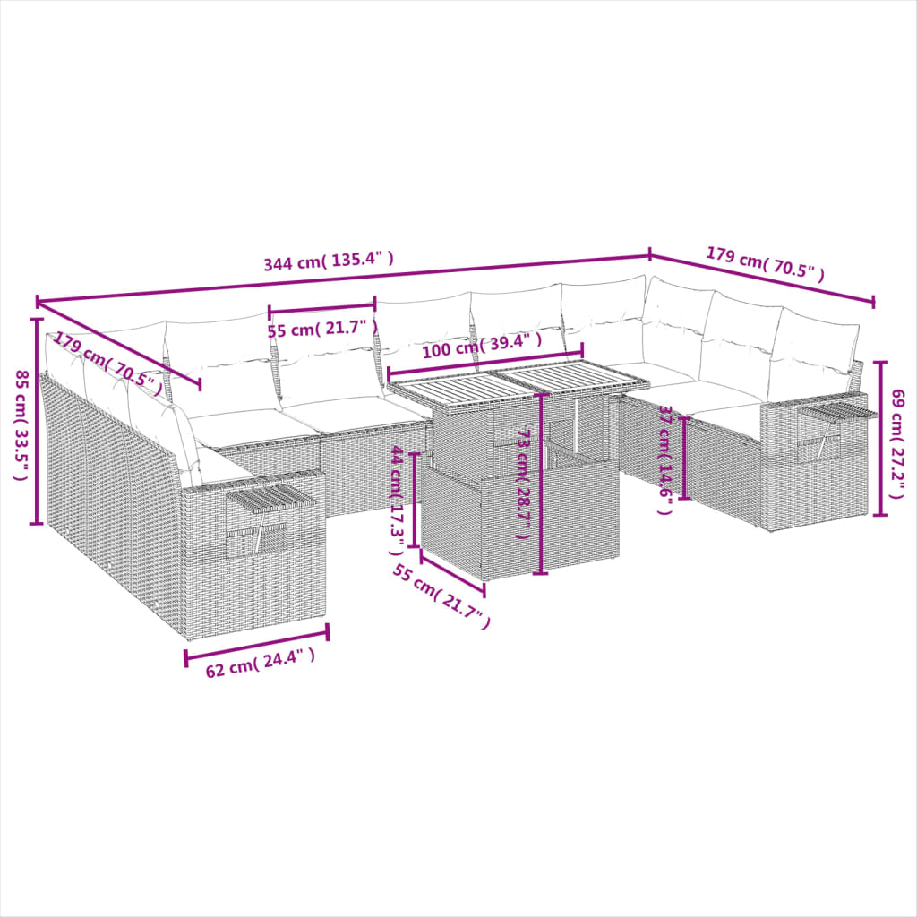 vidaXL Set de sofás de jardín 11pzas con cojines ratán sintético beige