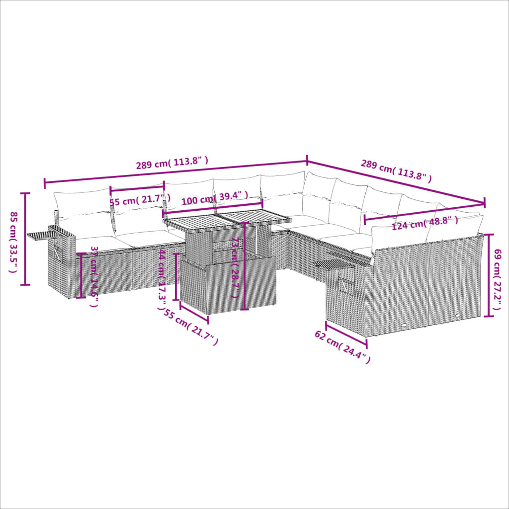 vidaXL Set de sofás de jardín 11 pzas y cojines ratán sintético gris