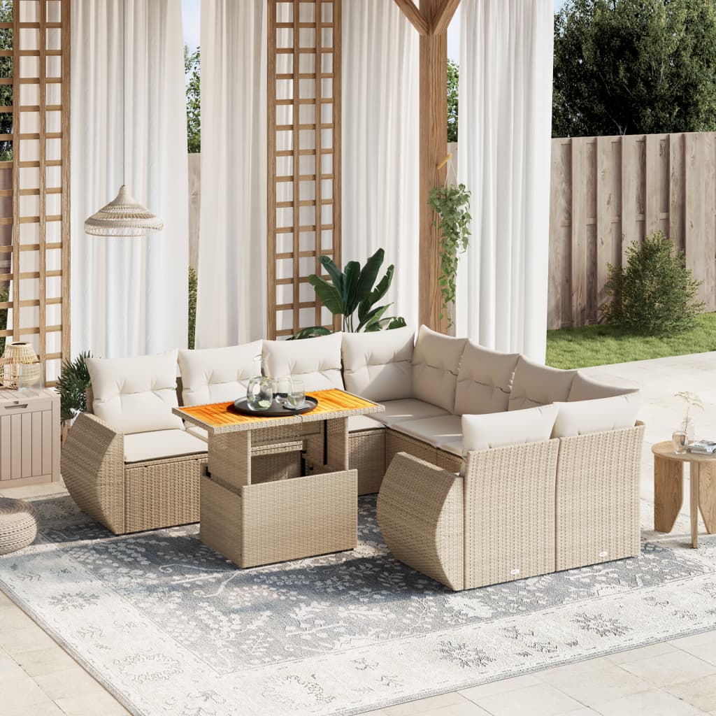 vidaXL Set de sofás de jardín 9 pzas con cojines ratán sintético beige