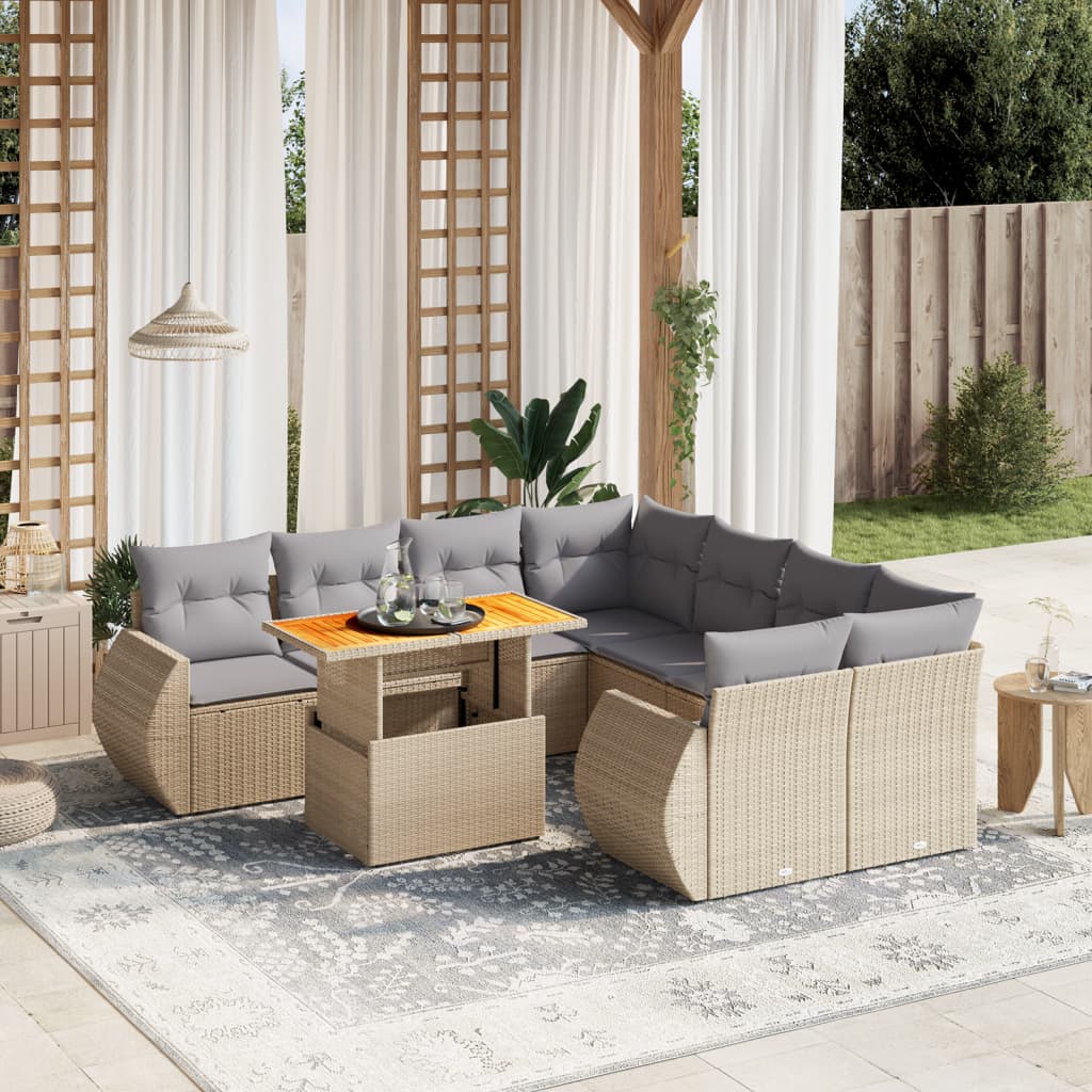 vidaXL Set de sofás de jardín 9 pzas con cojines ratán sintético beige