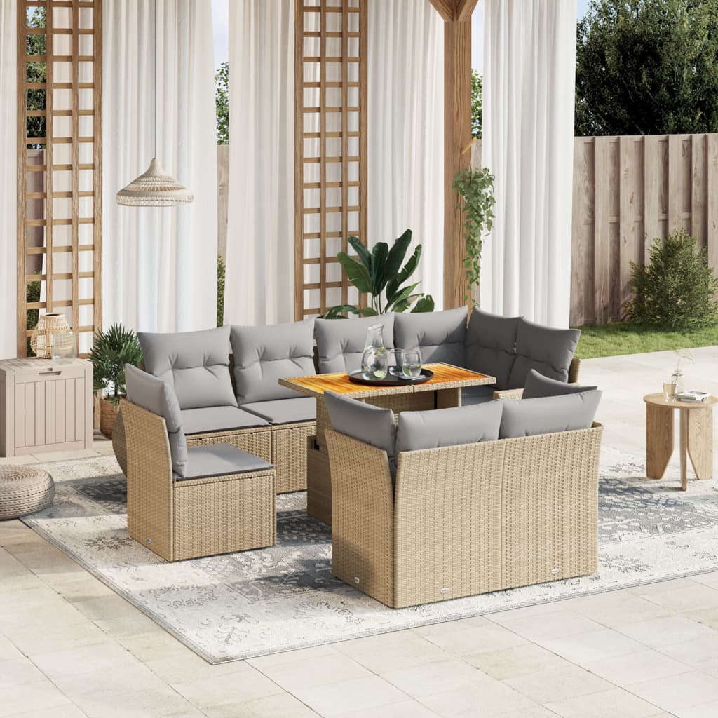 vidaXL Set de sofás de jardín 9 pzas con cojines ratán sintético beige