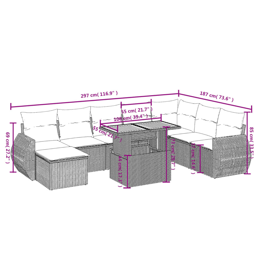 vidaXL Set de sofás de jardín 9 pzas con cojines ratán sintético beige