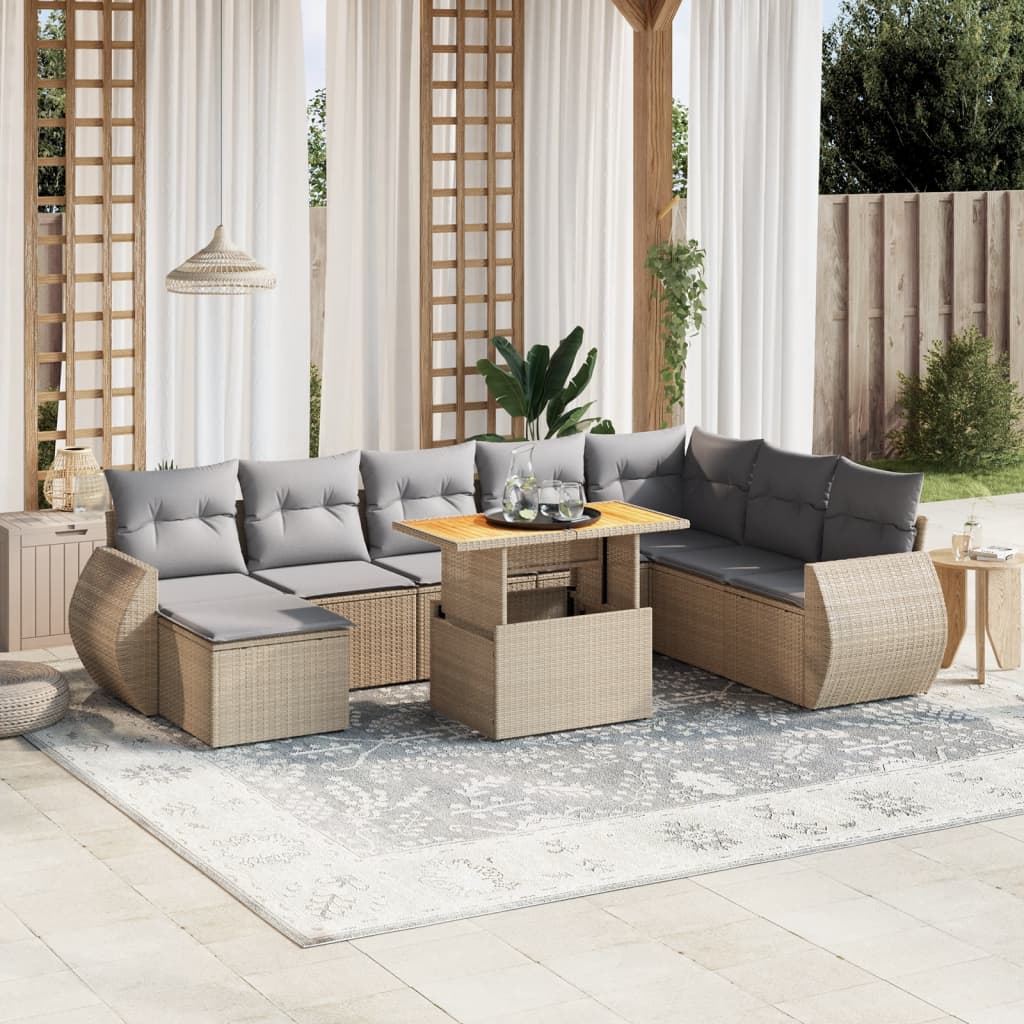 vidaXL Set de sofás de jardín 9 pzas con cojines ratán sintético beige