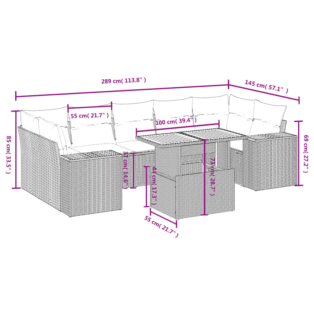 vidaXL Set de sofás de jardín 8 pzas y cojines ratán sintético gris