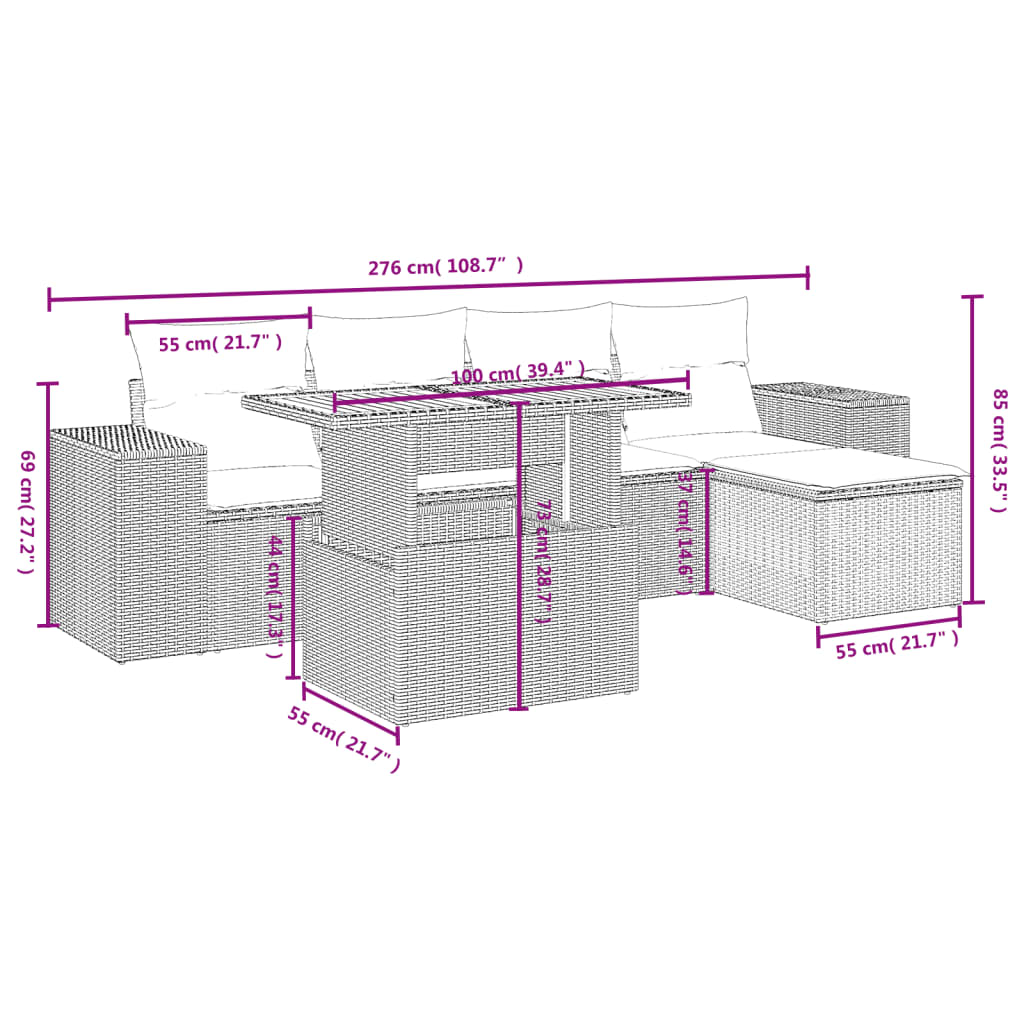 vidaXL Set de muebles de jardín 6 pzas y cojines ratán sintético gris