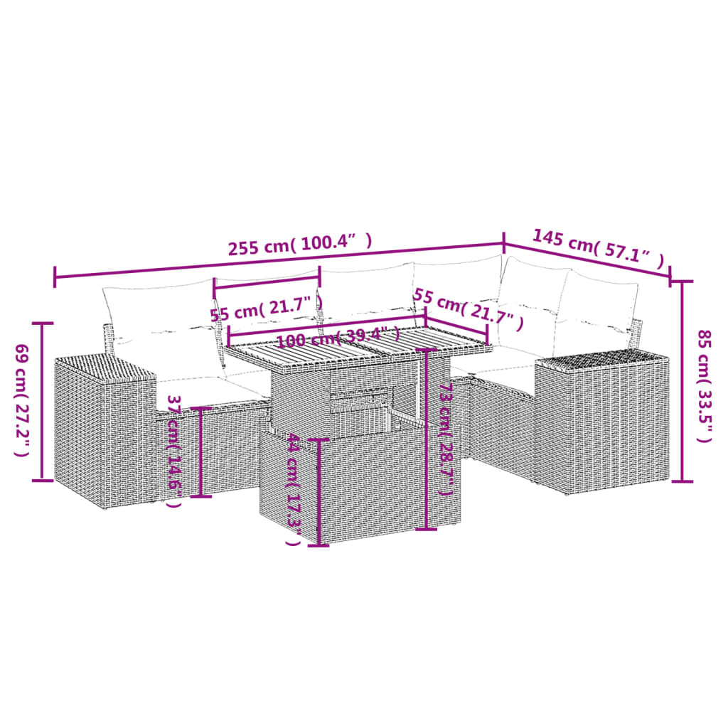 vidaXL Set de muebles de jardín 6 pzas y cojines ratán sintético gris