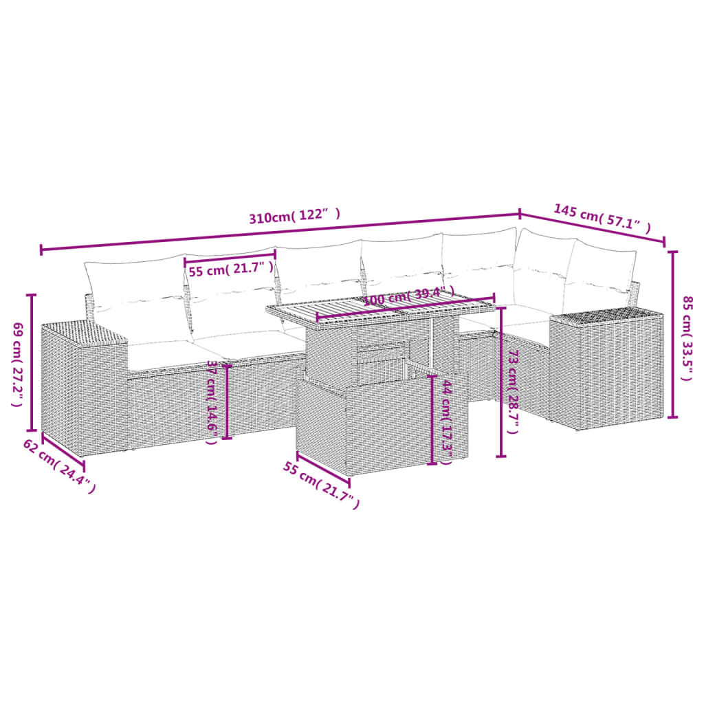 vidaXL Set de comedor de jardín 7 pzas y cojines ratán sintético negro