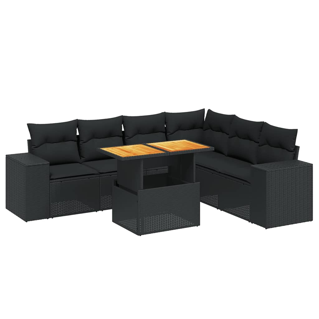 vidaXL Set de comedor de jardín 7 pzas y cojines ratán sintético negro